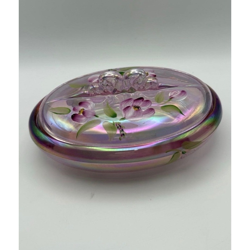 Fenton Pink Iridescent Glass Hand Painted Floral Oval Trinket Dish Lid Signed